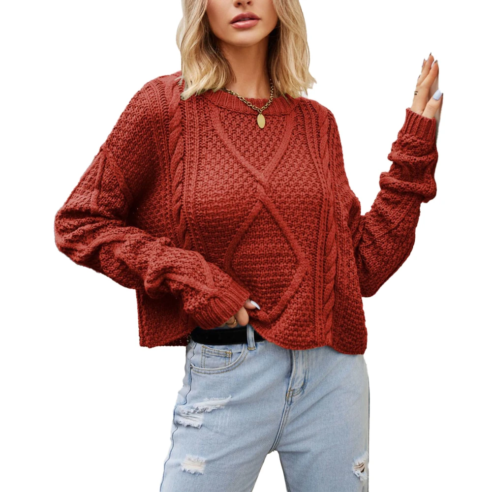 Long Sleeve Crewneck Sweater Women Casual Fashionable Elegant Plain Color Cable Knit Top for Office Work Red M