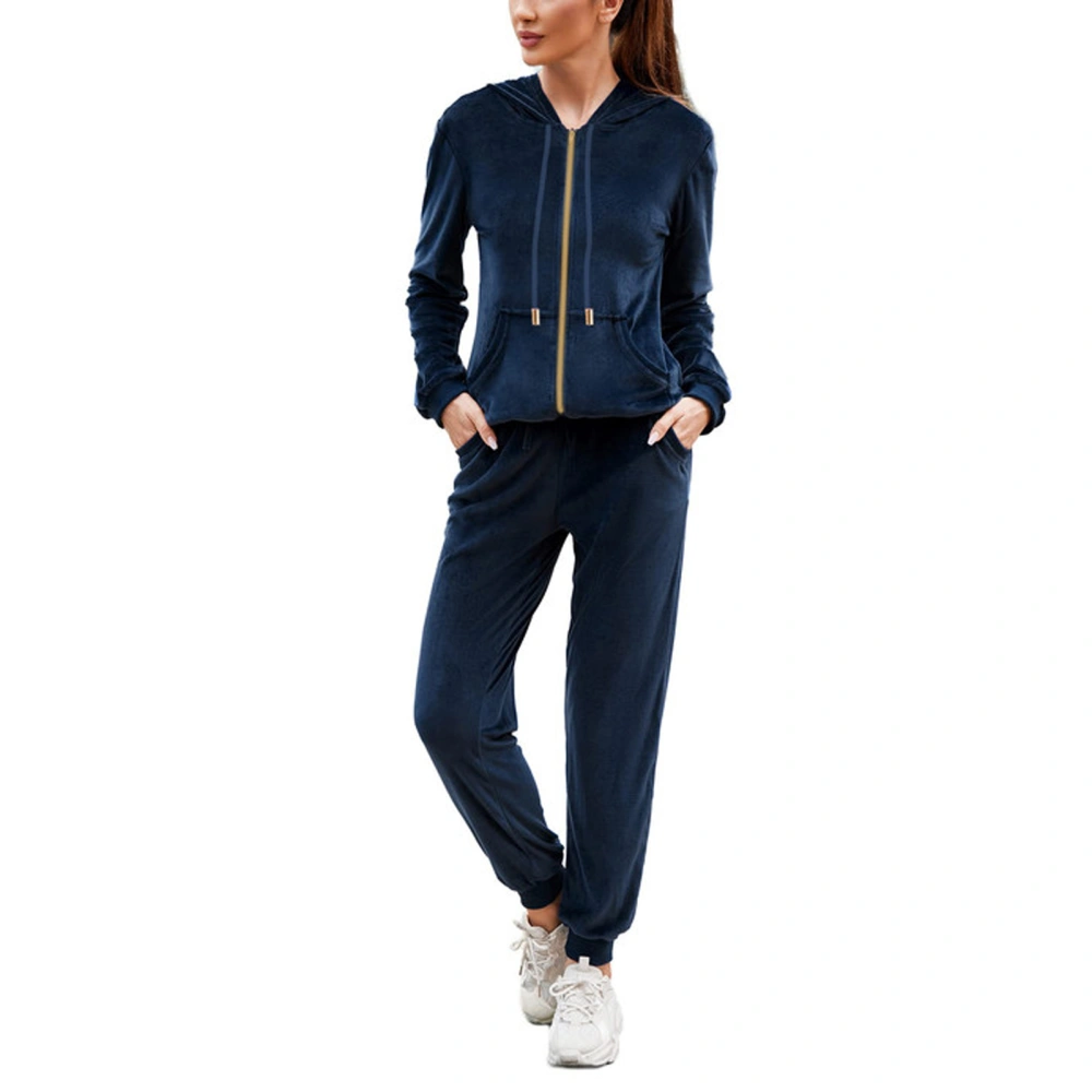 Women Long Sleeve Velvet Suit Casual Fitted Double Pocket Zipper Women Hoodie Velvet Suit Purplish Blue XXL