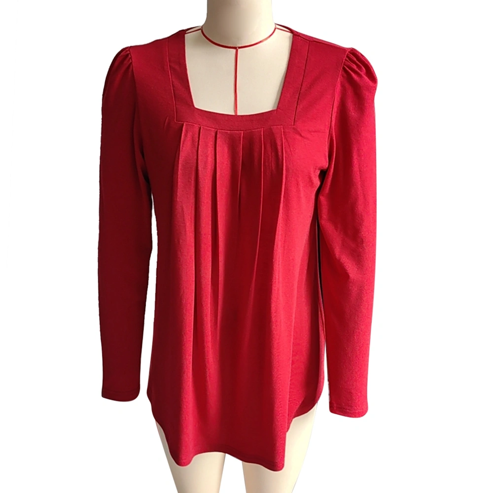 Women Long Sleeves T Shirt Wide Neckline Pleated Front Loose Fitting Pure Color Casual Blouses Wine Red XXL