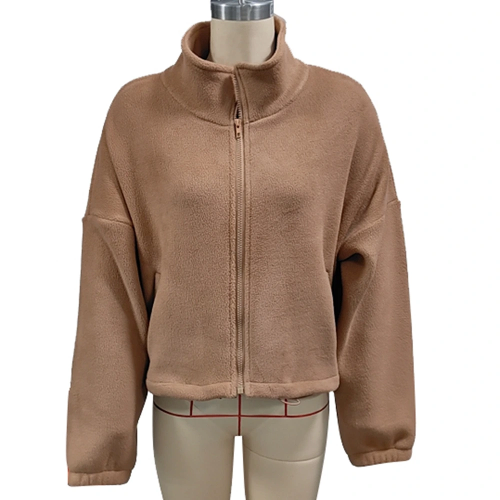 Women Soft Fleece Jacket Zipper Closure Stand Collar Hem Drawstring Casual Overcoat with Pocket Light Coffee L