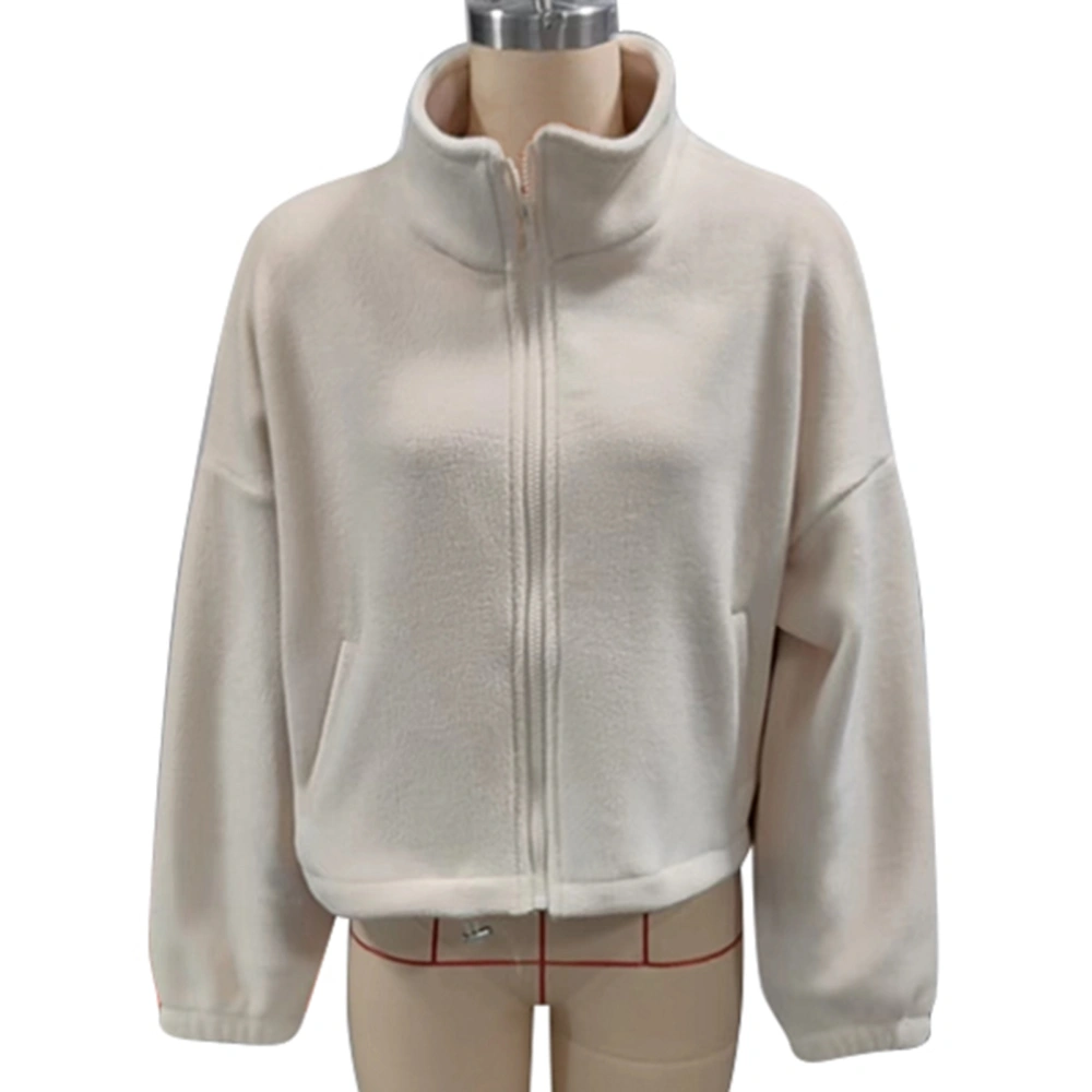 Women Soft Fleece Jacket Zipper Closure Stand Collar Hem Drawstring Casual Overcoat with Pocket Apricot S