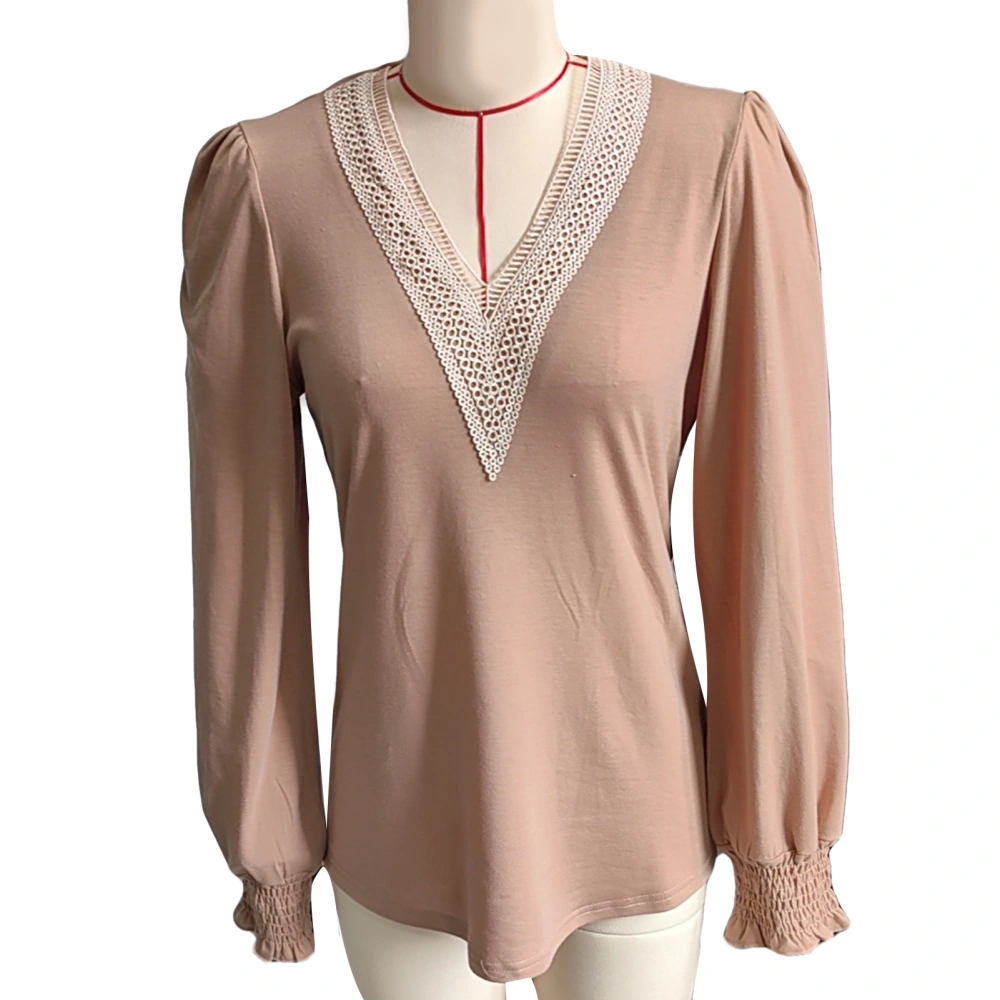 Women Casual Lace Trim V Neck T Shirt Dressy Puff Long Sleeve Loose Tunic Blouses Top Khaki L