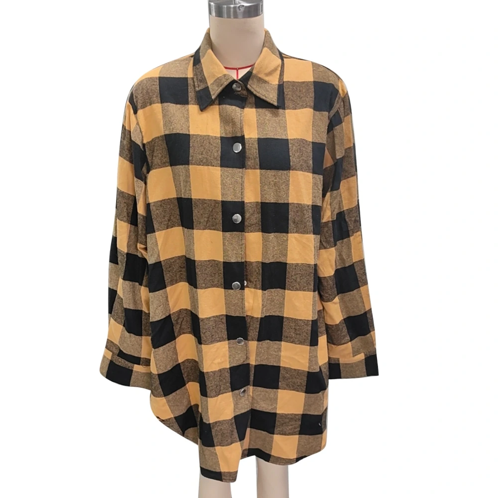 Long Sleeve Plaid Shirt Women Casual Fashionable Turn Down Collar Button Up Top for Office Work Yellow S