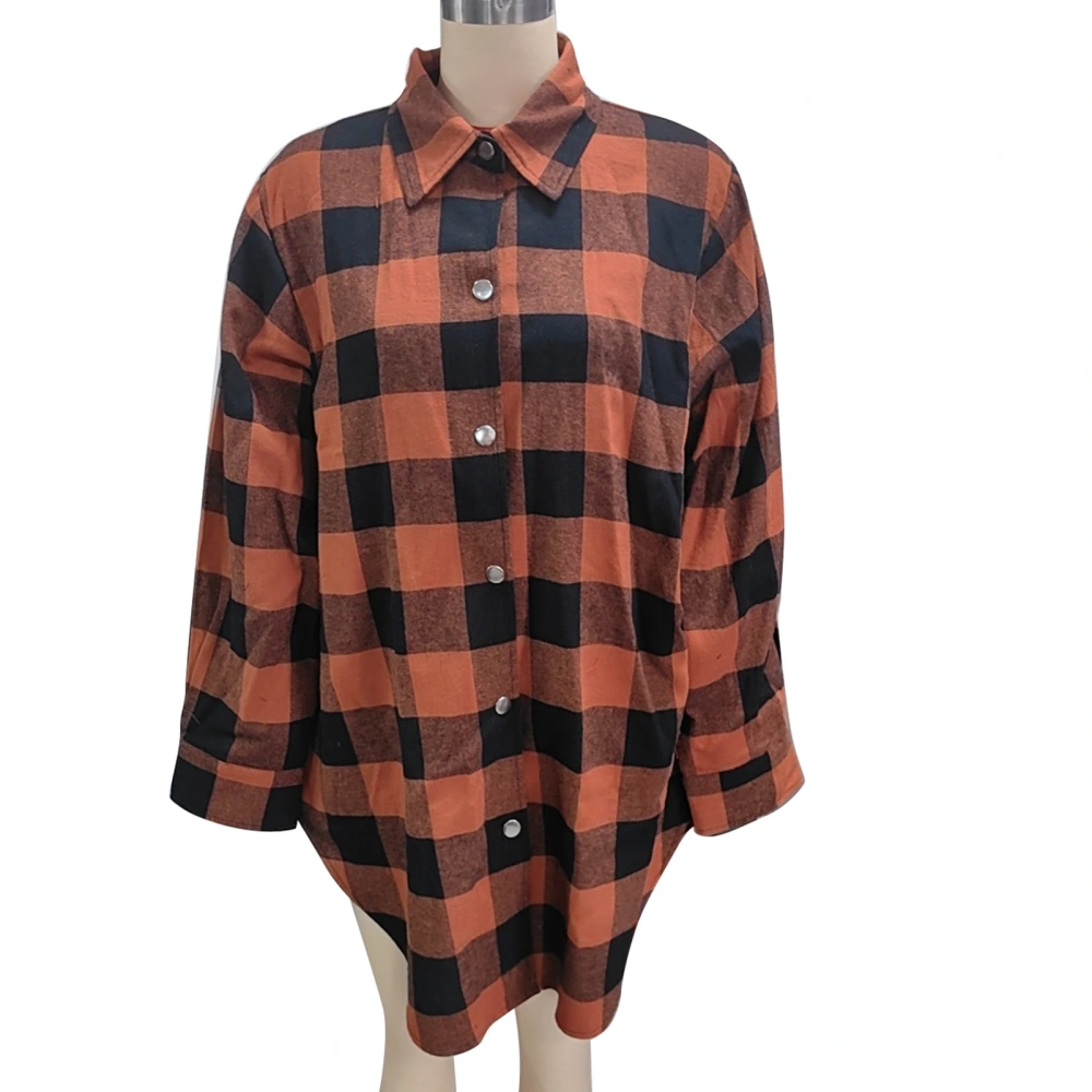 Casual Long Sleeve Button Up Shirt Women Fashionable Elegant Turn Down Collar Plaid Top for Dating Brown M