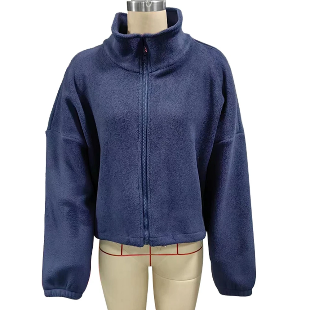 Women Soft Fleece Jacket Zipper Closure Stand Collar Hem Drawstring Casual Overcoat with Pocket Purplish Blue S