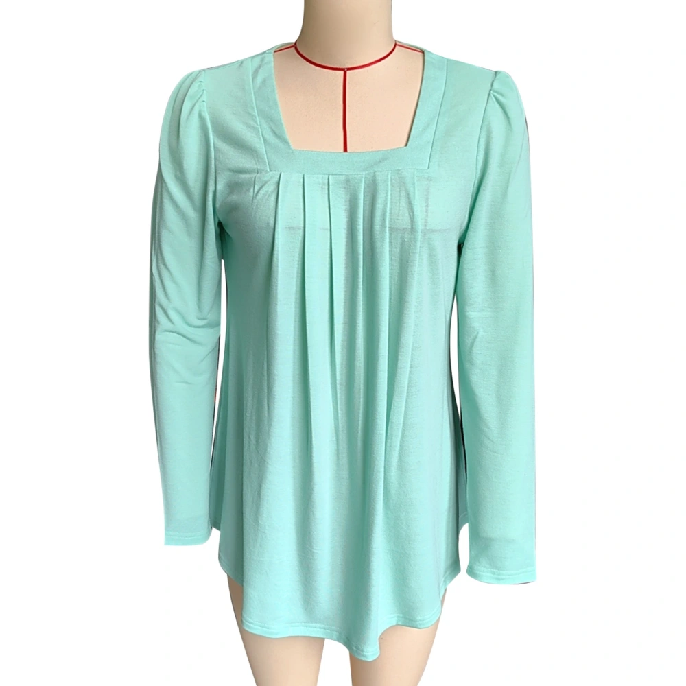 Women Long Sleeves T Shirt Wide Neckline Pleated Front Loose Fitting Pure Color Casual Blouses Mint Green XXL