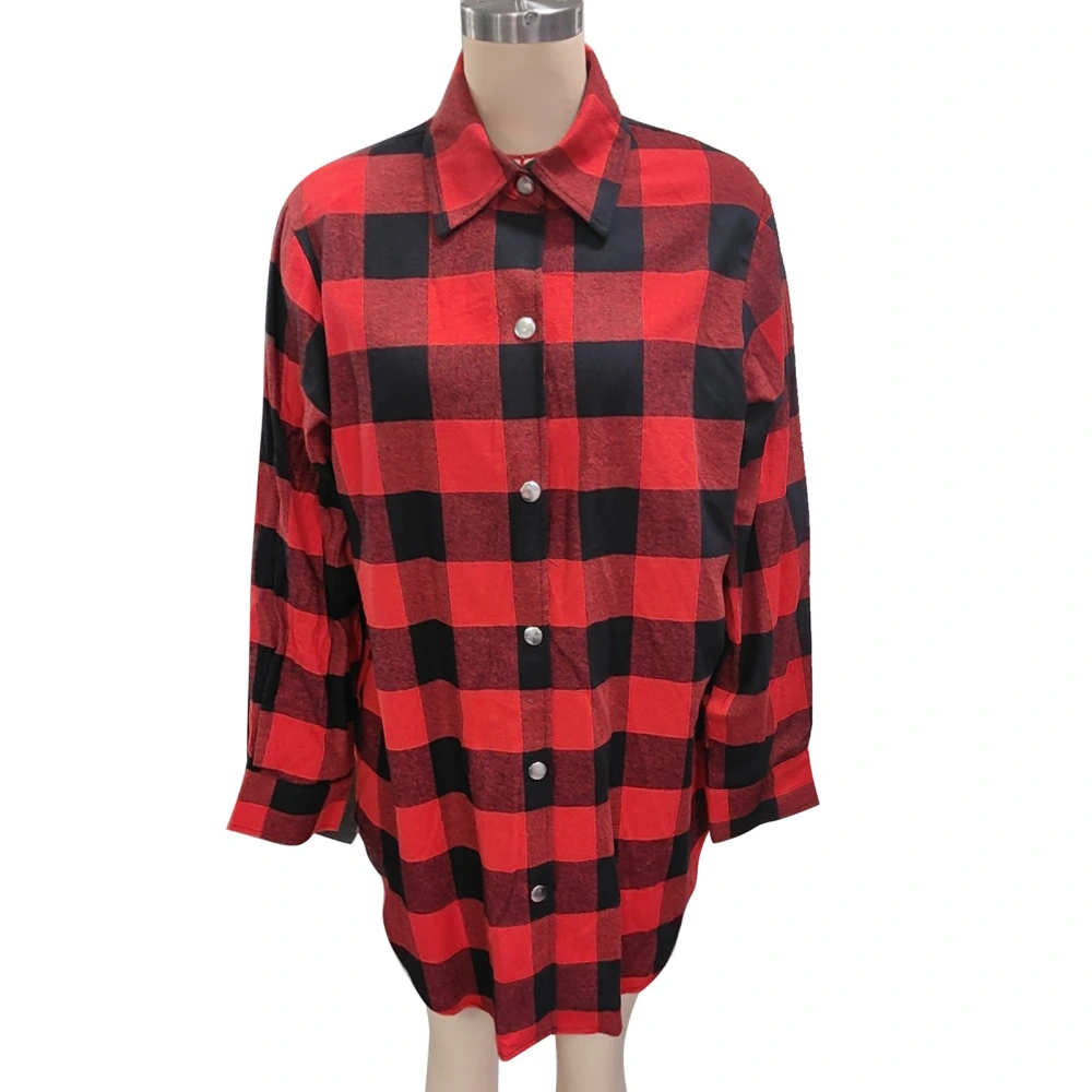 Long Sleeve Plaid Shirt Women Casual Fashionable Turn Down Collar Button Up Top for Office Work Red L