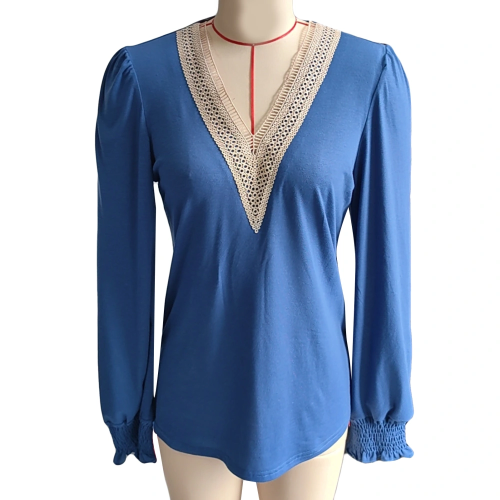 Women Casual Puff Long Sleeve Shirt Lace V Neck Hollow Loose Fitting Color Block Dressy Top Blue S