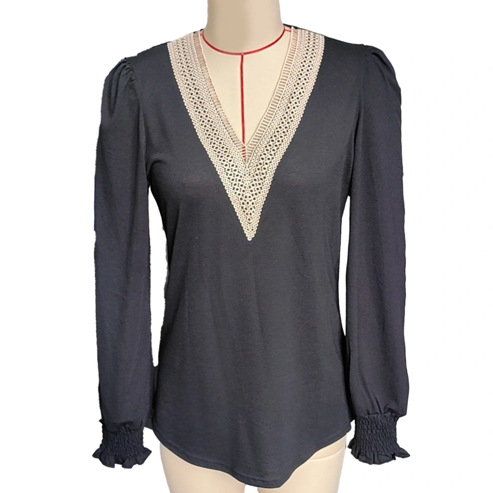 Women Casual Lace Trim V Neck T Shirt Dressy Puff Long Sleeve Loose Tunic Blouses Top Black XXL