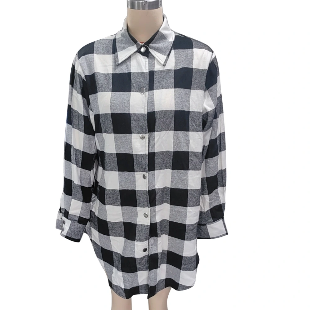 Casual Long Sleeve Button Up Shirt Women Fashionable Elegant Turn Down Collar Plaid Top for Dating Black M