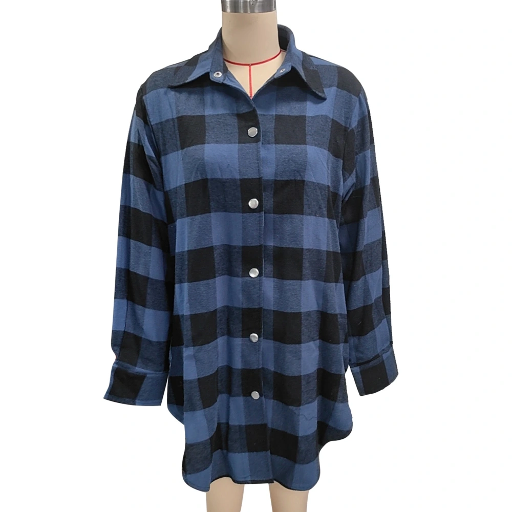 Long Sleeve Plaid Shirt Women Casual Fashionable Turn Down Collar Button Up Top for Office Work Blue M