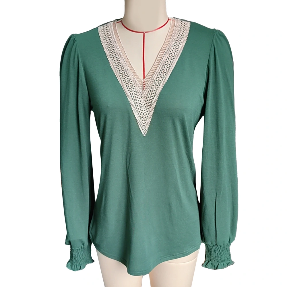 Women Casual Lace Trim V Neck T Shirt Dressy Puff Long Sleeve Loose Tunic Blouses Top OD Green XL