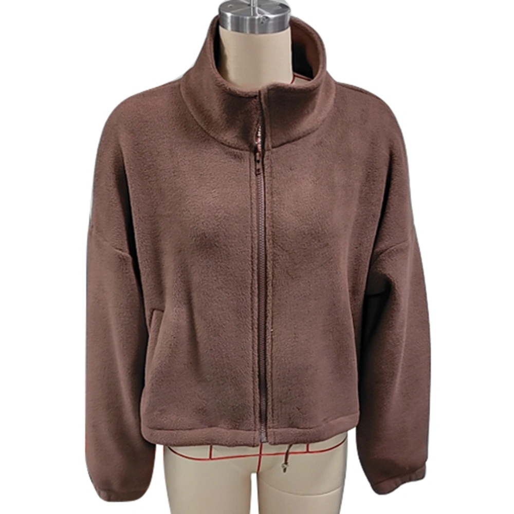 Women Soft Fleece Jacket Zipper Closure Stand Collar Hem Drawstring Casual Overcoat with Pocket Brown M