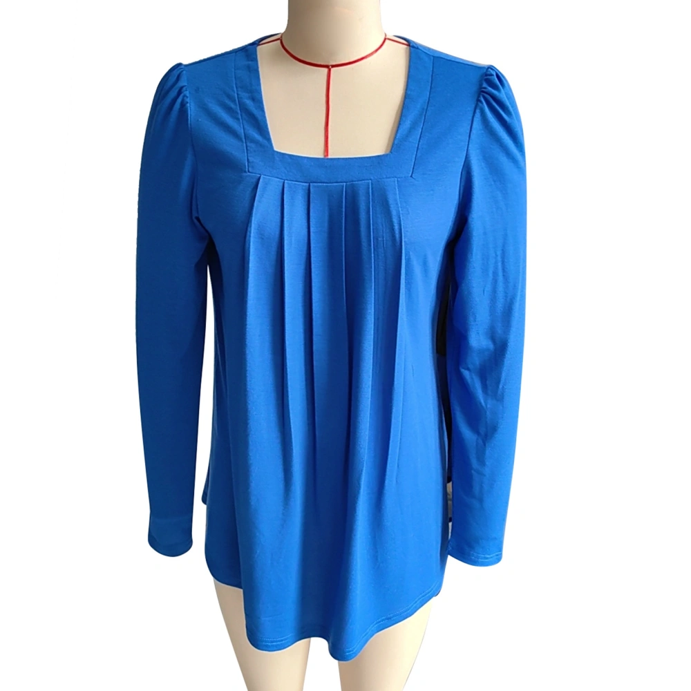 Women Long Sleeves T Shirt Wide Neckline Pleated Front Loose Fitting Pure Color Casual Blouses Blue M