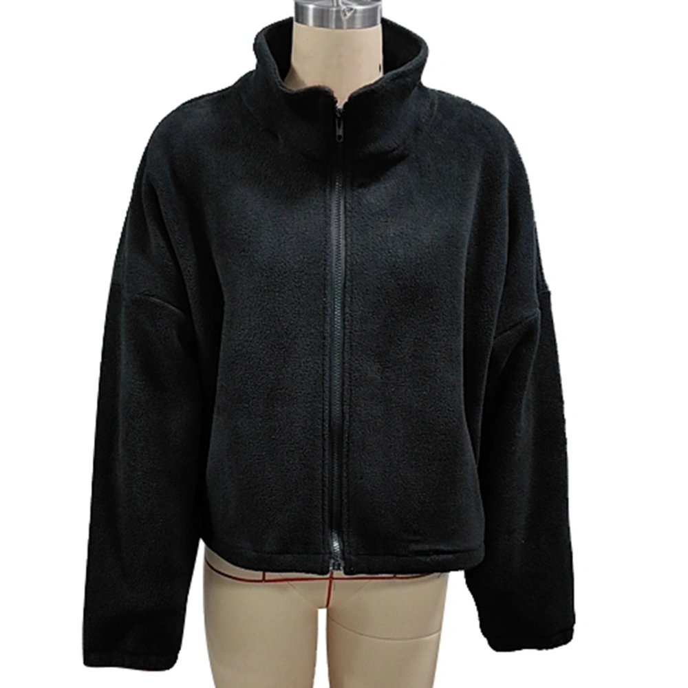 Women Soft Fleece Jacket Zipper Closure Stand Collar Hem Drawstring Casual Overcoat with Pocket Black L