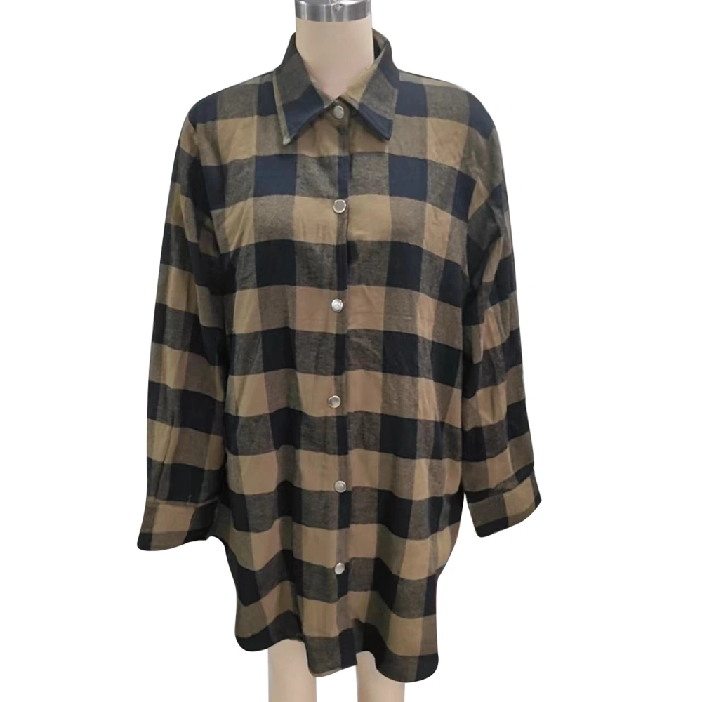 Casual Long Sleeve Button Up Shirt Women Fashionable Elegant Turn Down Collar Plaid Top for Dating OD Green XXL