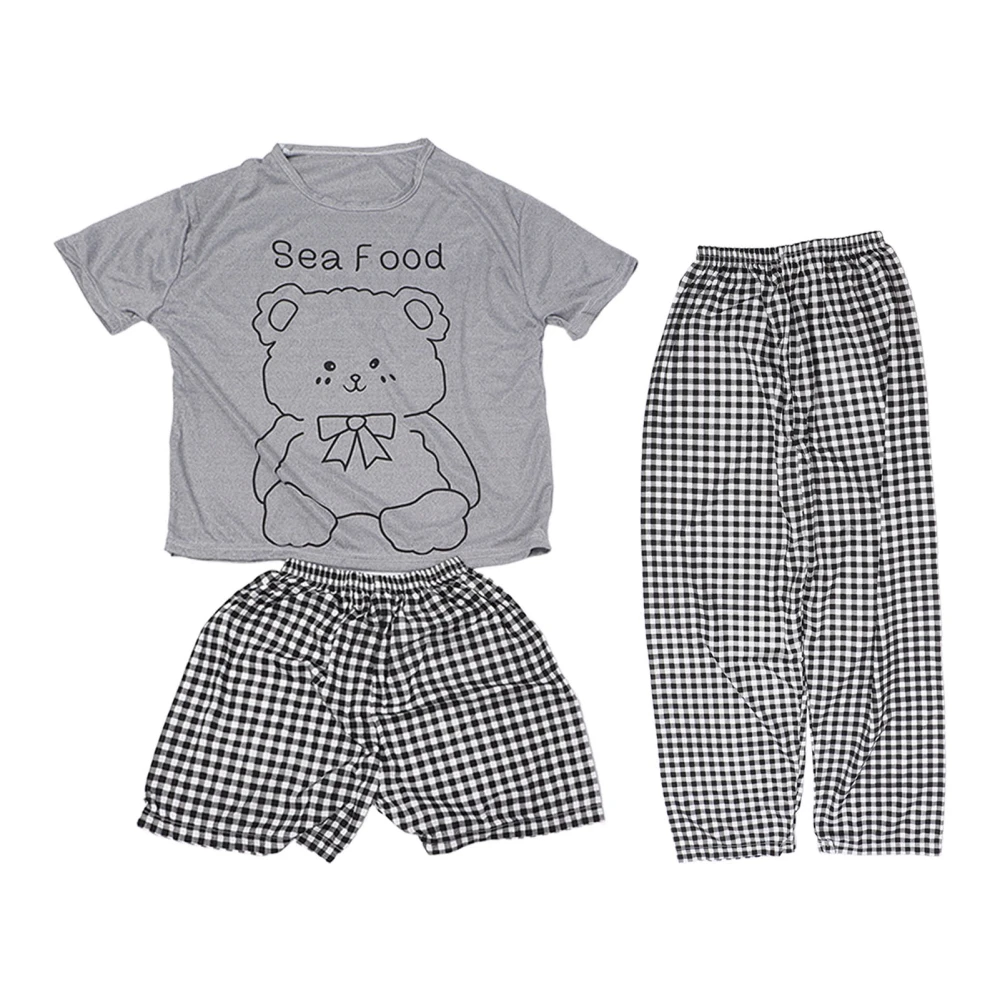 Women 3 Piece Pajama Set Cute Letter Cartoon Bear Print Short Sleeve Top Plaid Shorts Pants Sleepwear Gray Free Size