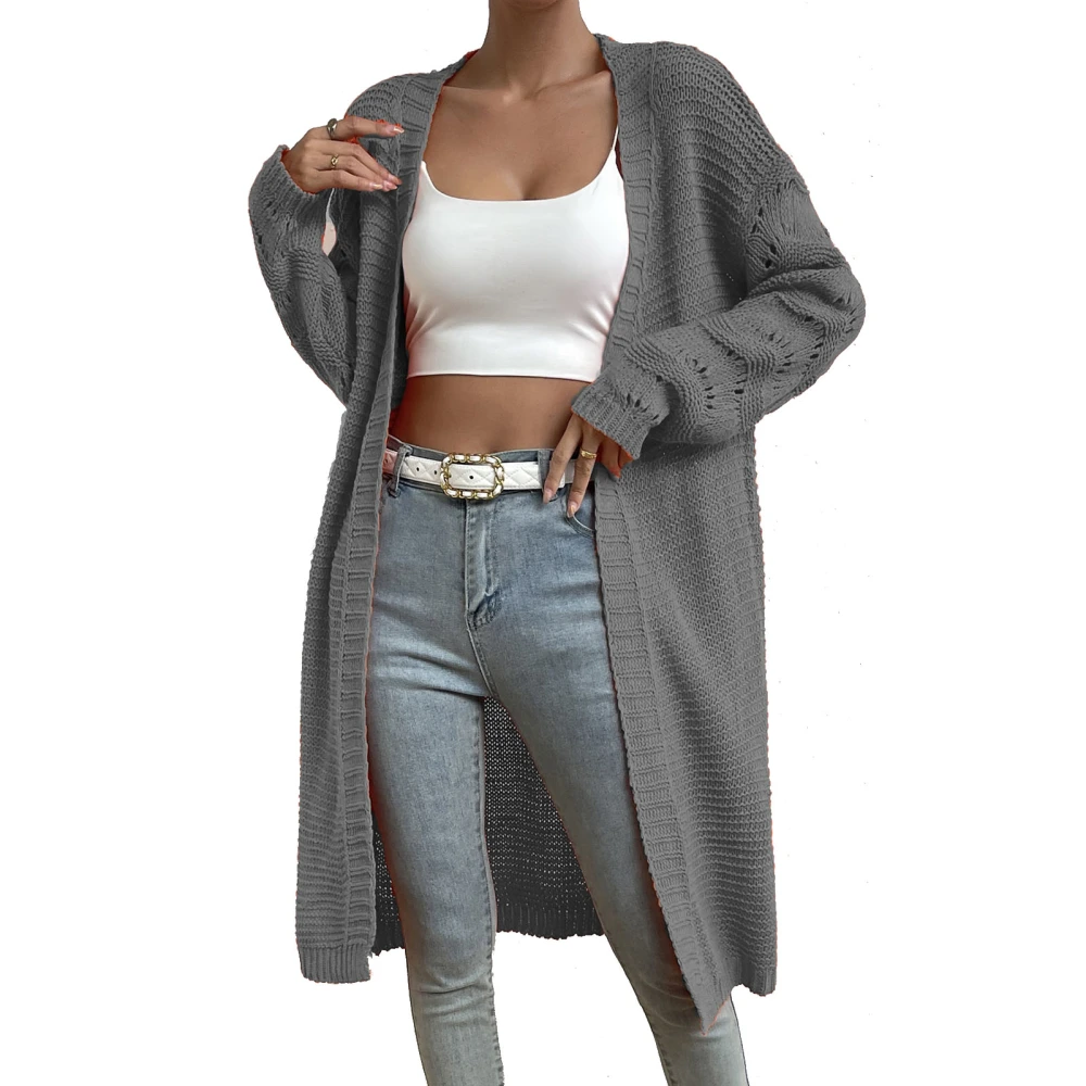 Women Sweater Coat Long Autumn Winter Fashion Style Solid Color Knit Open Front Sweater Gray S