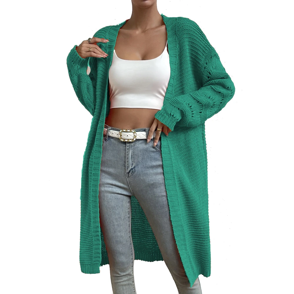 Women Sweater Coat Long Autumn Winter Fashion Style Solid Color Knit Open Front Sweater Green L