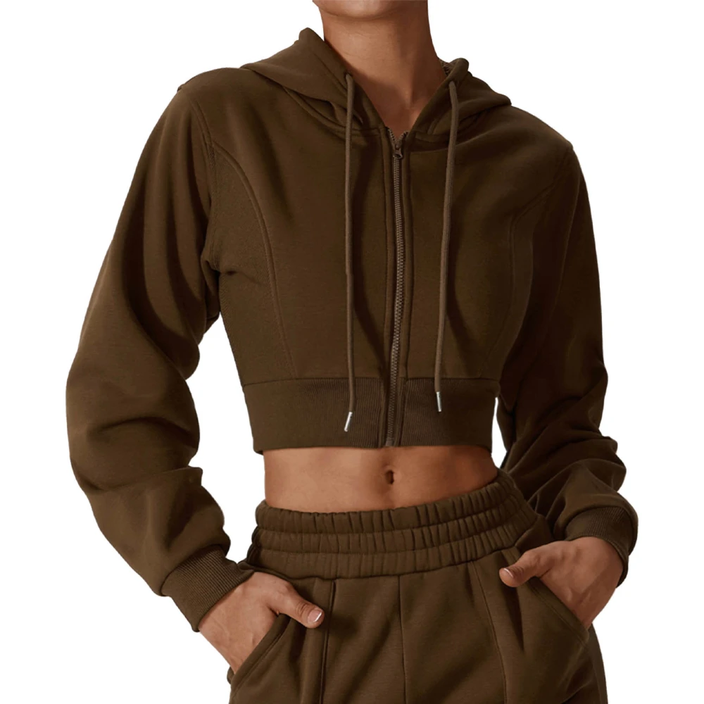 Women Zip Up Hooded Sweatshirt Fleece Drawstring Long Sleeve Loose Fit Full Zip Hoodie Coffee Color M