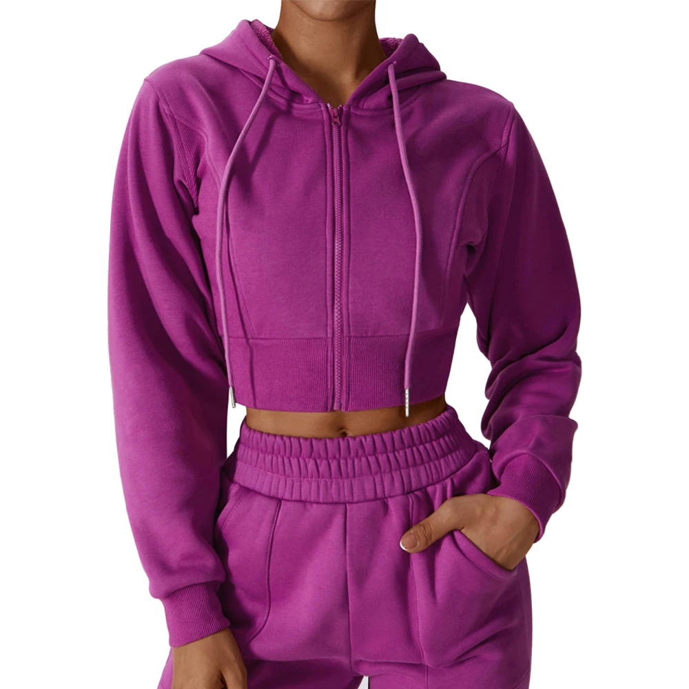 Women Zip Up Hooded Sweatshirt Fleece Drawstring Long Sleeve Loose Fit Full Zip Hoodie Purple L