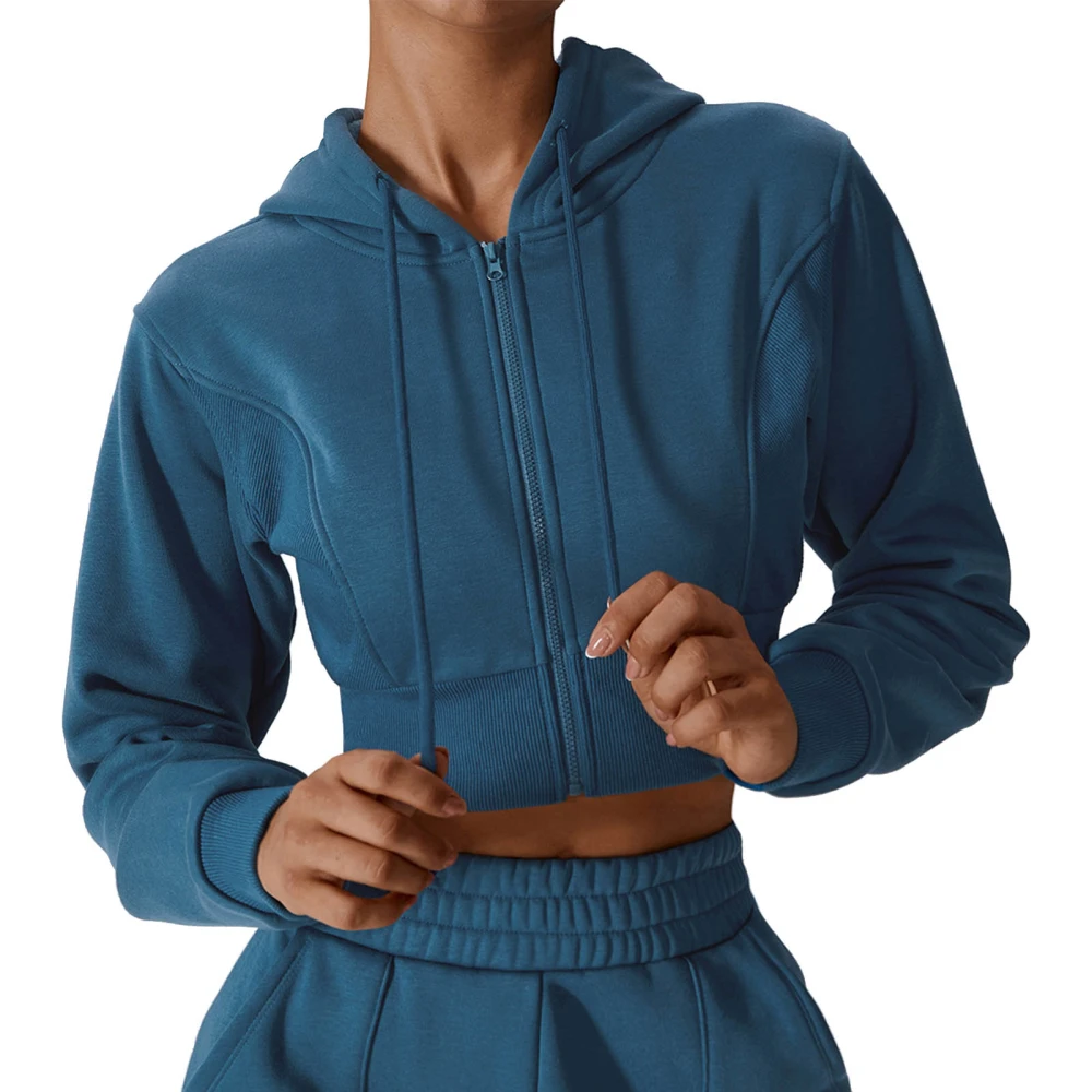 Women Zip Up Hooded Sweatshirt Fleece Drawstring Long Sleeve Loose Fit Full Zip Hoodie Blue M