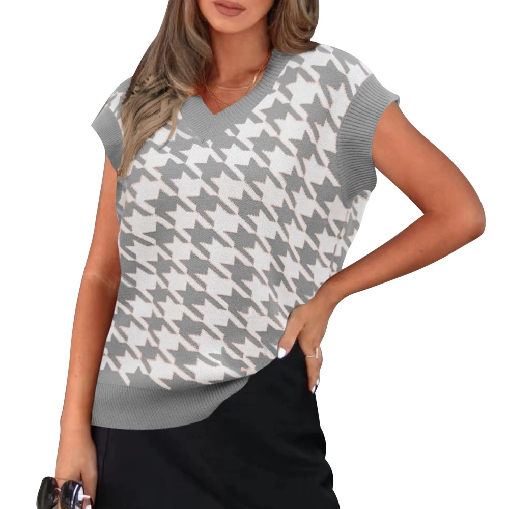 Woman Houndstooth Vest Sweater V Neck Sleeveless Houndstooth Knitted Loose Pullover Sweater Grey S