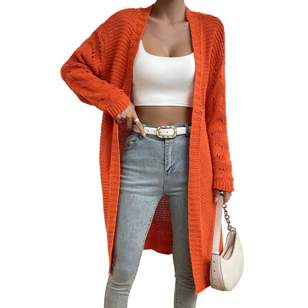 Women Sweater Coat Long Autumn Winter Fashion Style Solid Color Knit Open Front Sweater Orange L