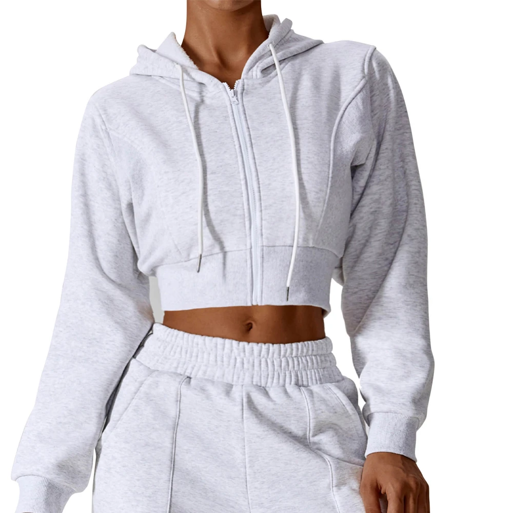 Women Zip Up Hooded Sweatshirt Fleece Drawstring Long Sleeve Loose Fit Full Zip Hoodie White Gray L