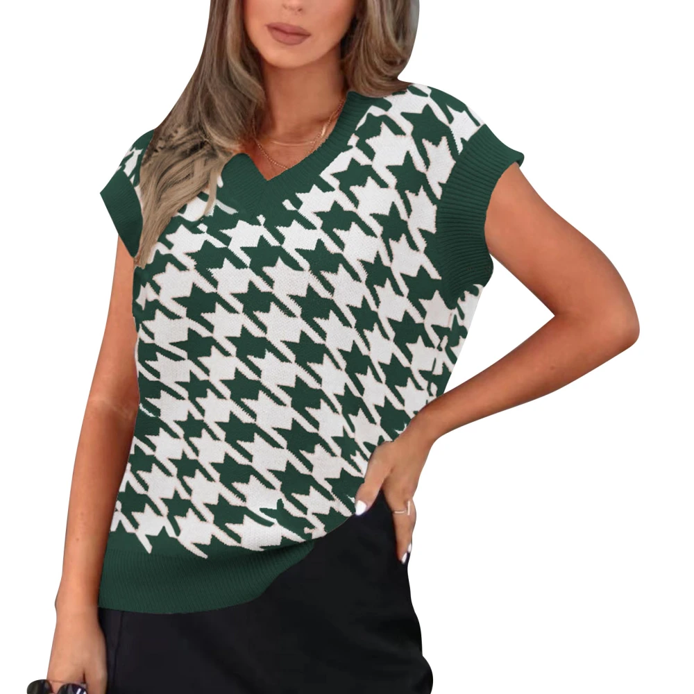 Woman Houndstooth Vest Sweater V Neck Sleeveless Houndstooth Knitted Loose Pullover Sweater Green XL