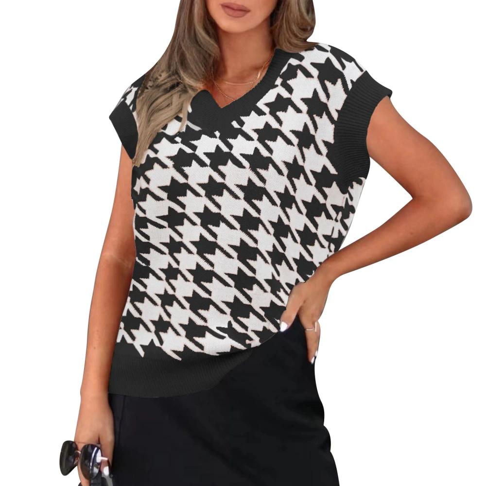 Woman Houndstooth Vest Sweater V Neck Sleeveless Houndstooth Knitted Loose Pullover Sweater Black S