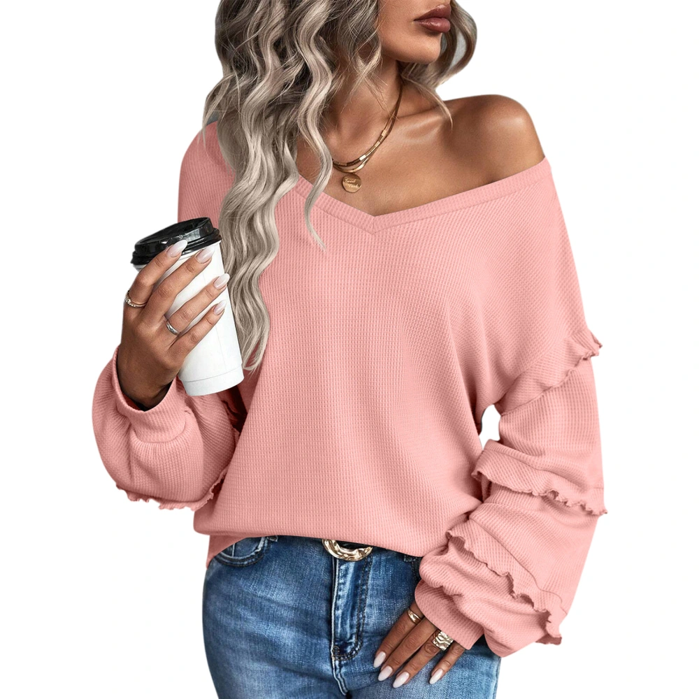 Women Pullover V Neck Long Lantern Frill Trim Sleeve Plain Loose Comfortable Top for Home Work Leisure Pink M