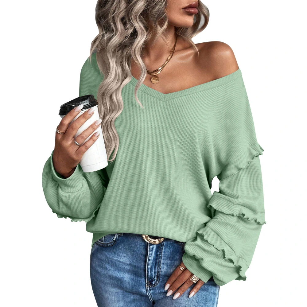 Women Pullover V Neck Long Lantern Frill Trim Sleeve Plain Loose Comfortable Top for Home Work Leisure Light Green L