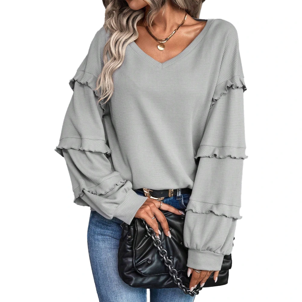 Women Pullover V Neck Long Lantern Frill Trim Sleeve Plain Loose Comfortable Top for Home Work Leisure Light Gray M