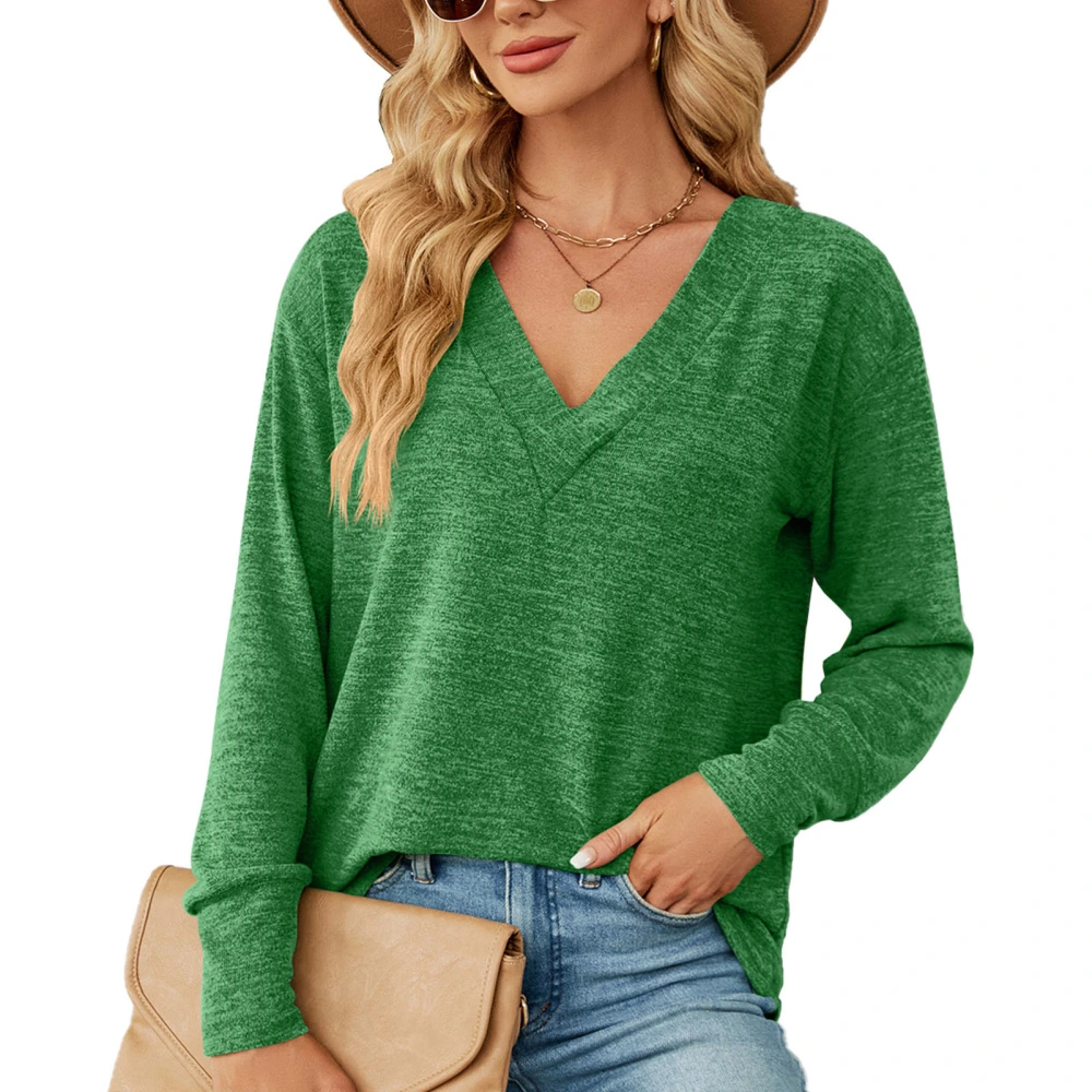 Women Blouse Long Sleeves V Neck Pure Color Loose Fit Women Shirt for Office Travel Green M