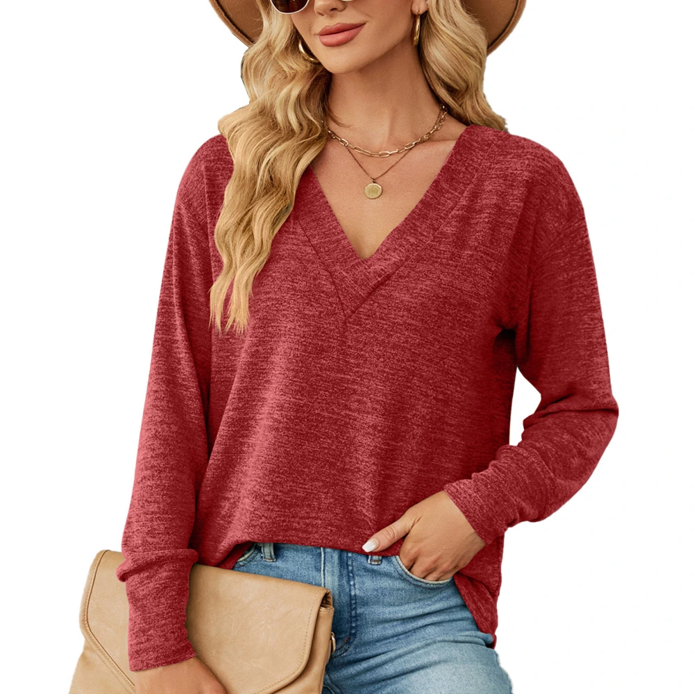 Women Blouse Long Sleeves V Neck Pure Color Loose Fit Women Shirt for Office Travel Red XL