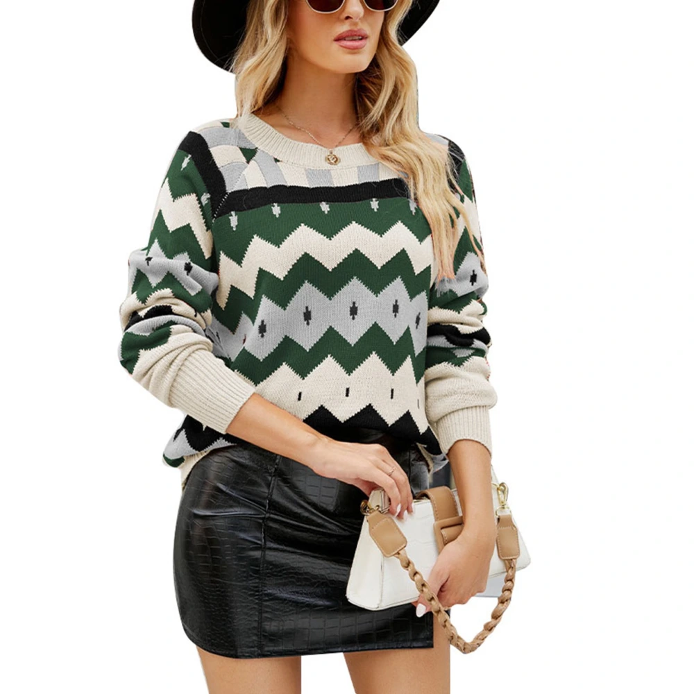 Women Argyle Sweater Round Neck Long Sleeves Color Contrast Loose Fitting Casual Knitted Top Green M