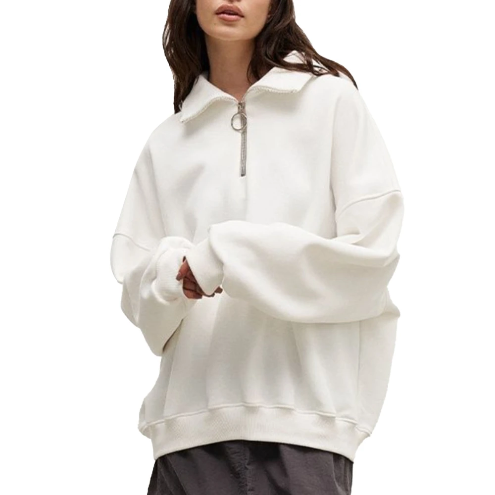 Woman Zipper Turn Down Collar Pullover Oversized Long Sleeve Sweatshirt for Winter Autumn White S