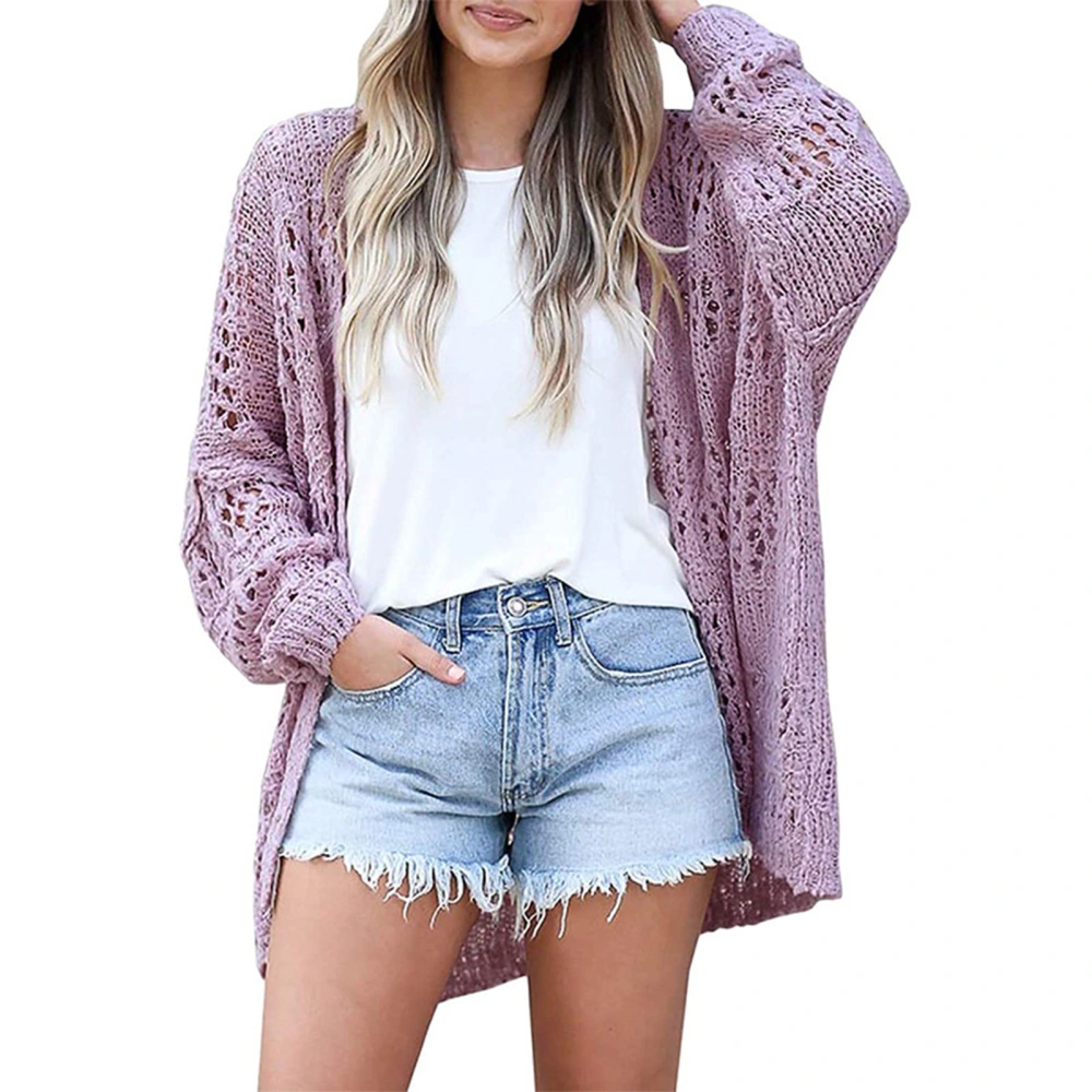 Hollow Out Open Front Top Long Sleeve Casual Fashionable Pure Color Breathable Knit Sweater for Shopping Party Purple L