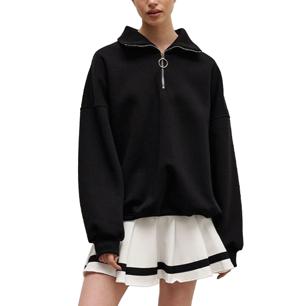 Woman Zipper Turn Down Collar Pullover Oversized Long Sleeve Sweatshirt for Winter Autumn Black S