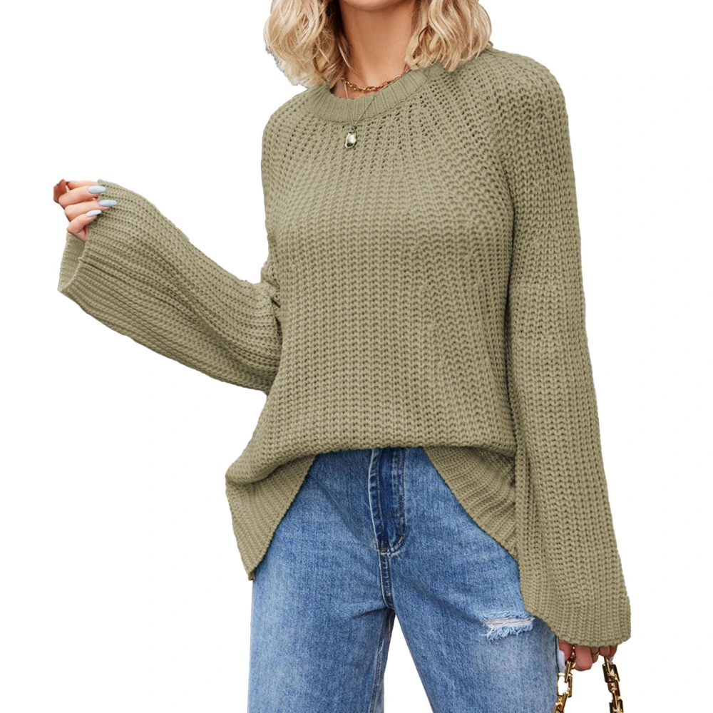 Women Knit Sweater Bell Sleeve Long Sleeve Jacket Fashion Style Loose Round Neck Pullover Jumper Coffee Color L