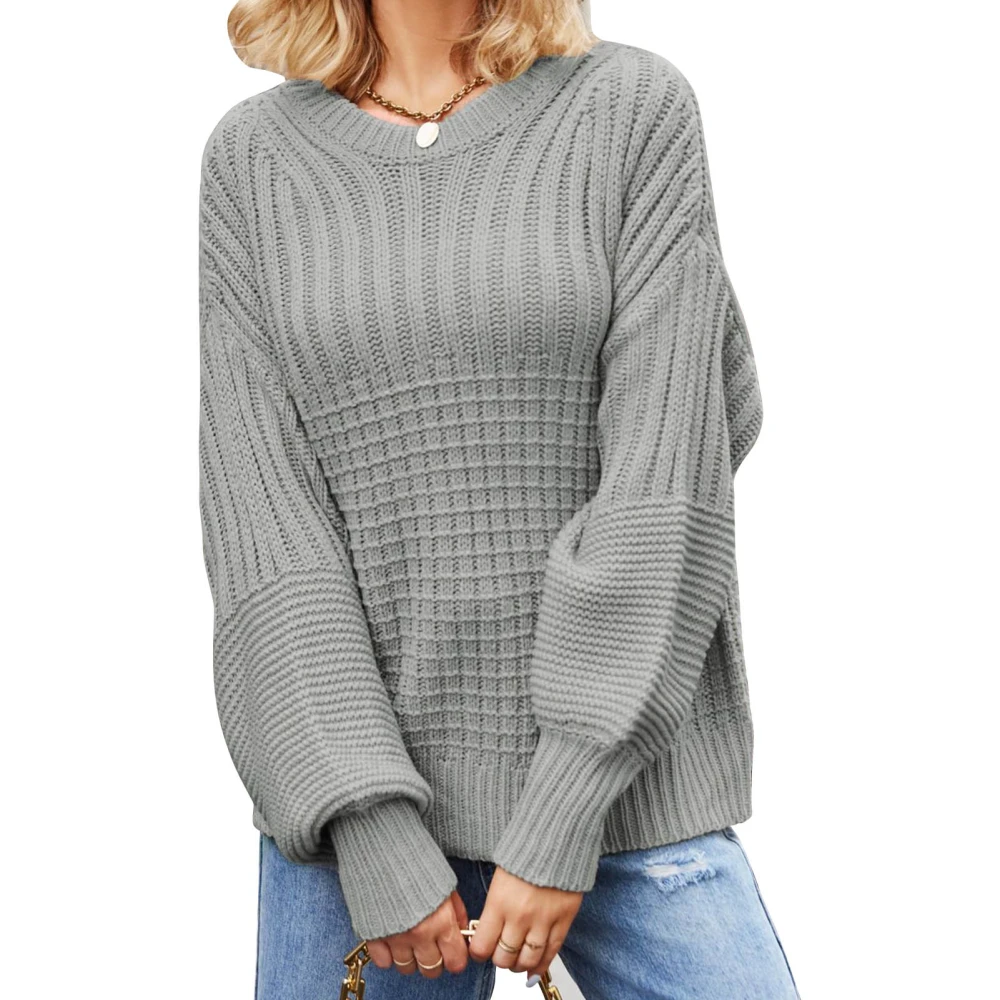 Women Long Sleeved Tops Round Neck Soft Breathable Skin Friendly Puff Lantern Long Sleeve Top for Shopping Date Gray S