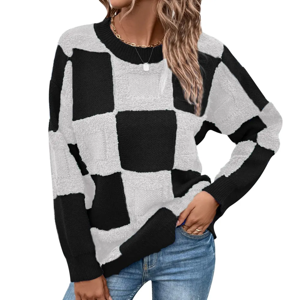 Long Sleeve Crewneck Sweater Women Loose Casual Elegant Plaid Knit Pullover Top Shirt for Dating Black L