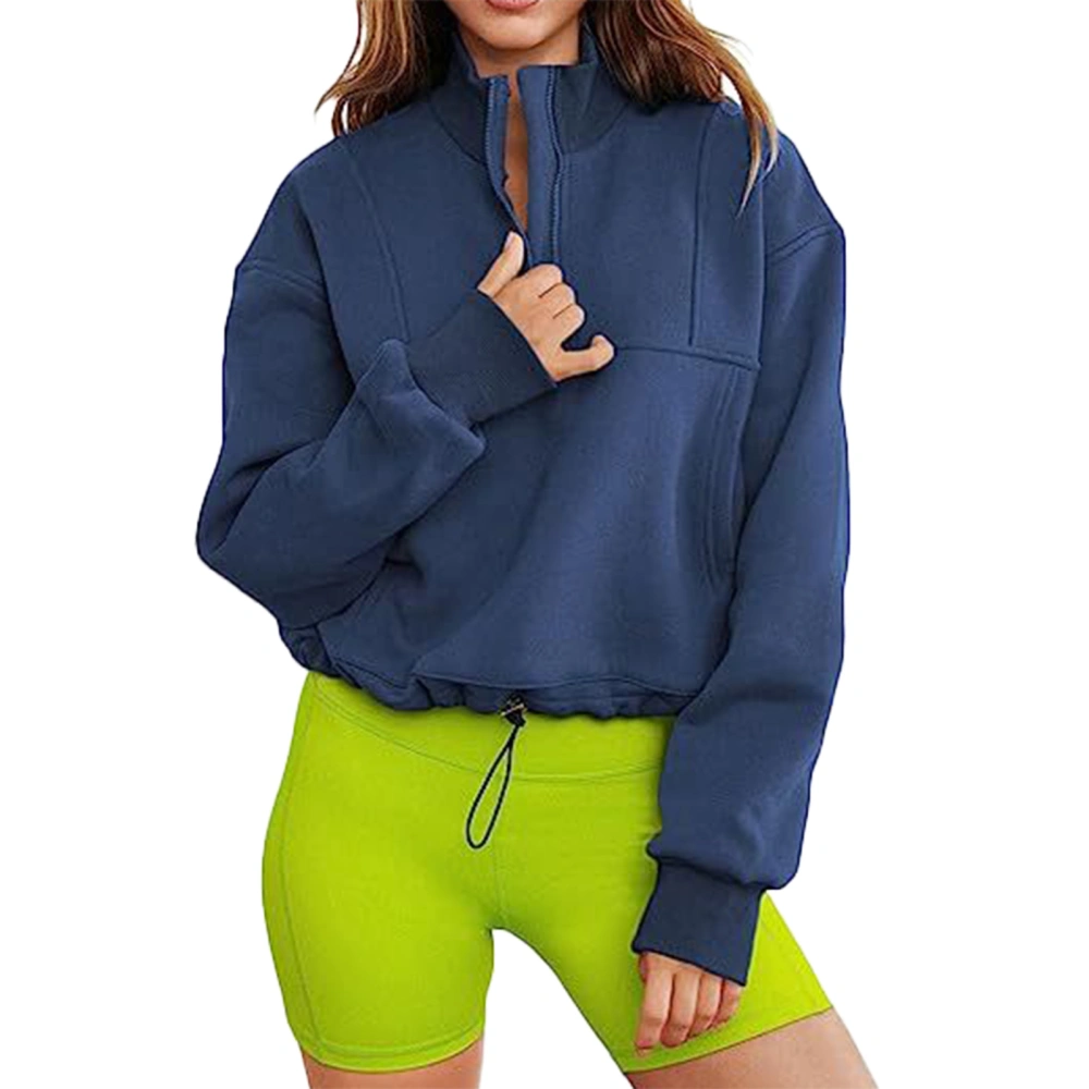 Half Zipper Hem Drawstring Pullover Drop Shoulder Plain Color Large Pocket Drawstring Pullover Navy Blue S