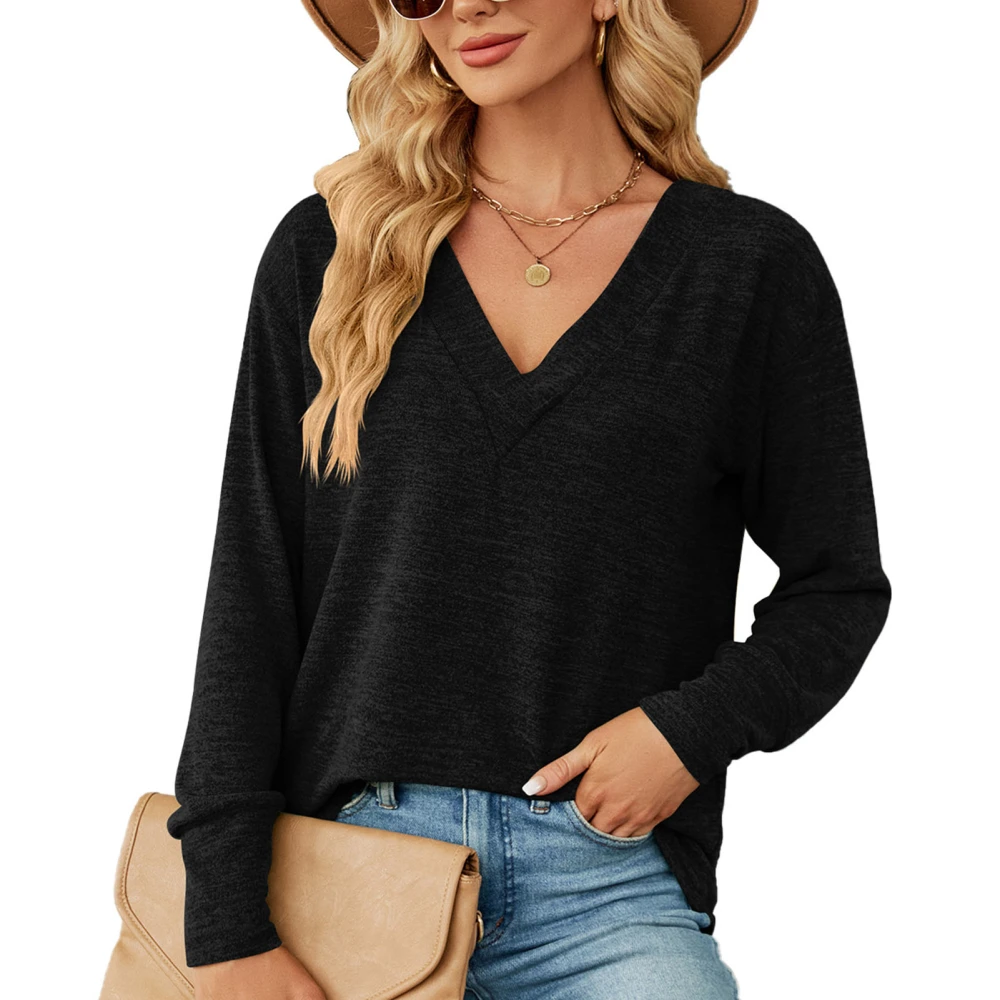 Women Blouse Long Sleeves V Neck Pure Color Loose Fit Women Shirt for Office Travel Black L