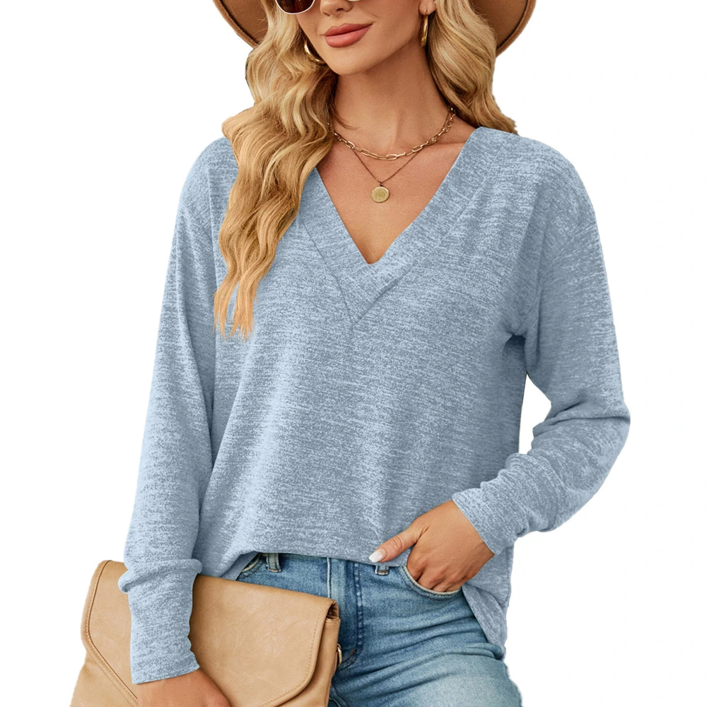 Women Blouse Long Sleeves V Neck Pure Color Loose Fit Women Shirt for Office Travel Light Blue XL