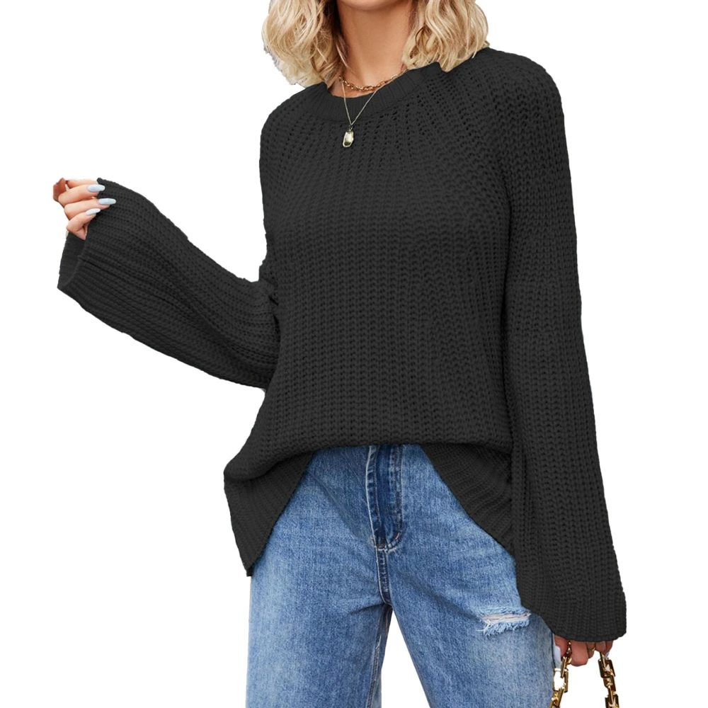 Women Knit Sweater Bell Sleeve Long Sleeve Jacket Fashion Style Loose Round Neck Pullover Jumper Black L