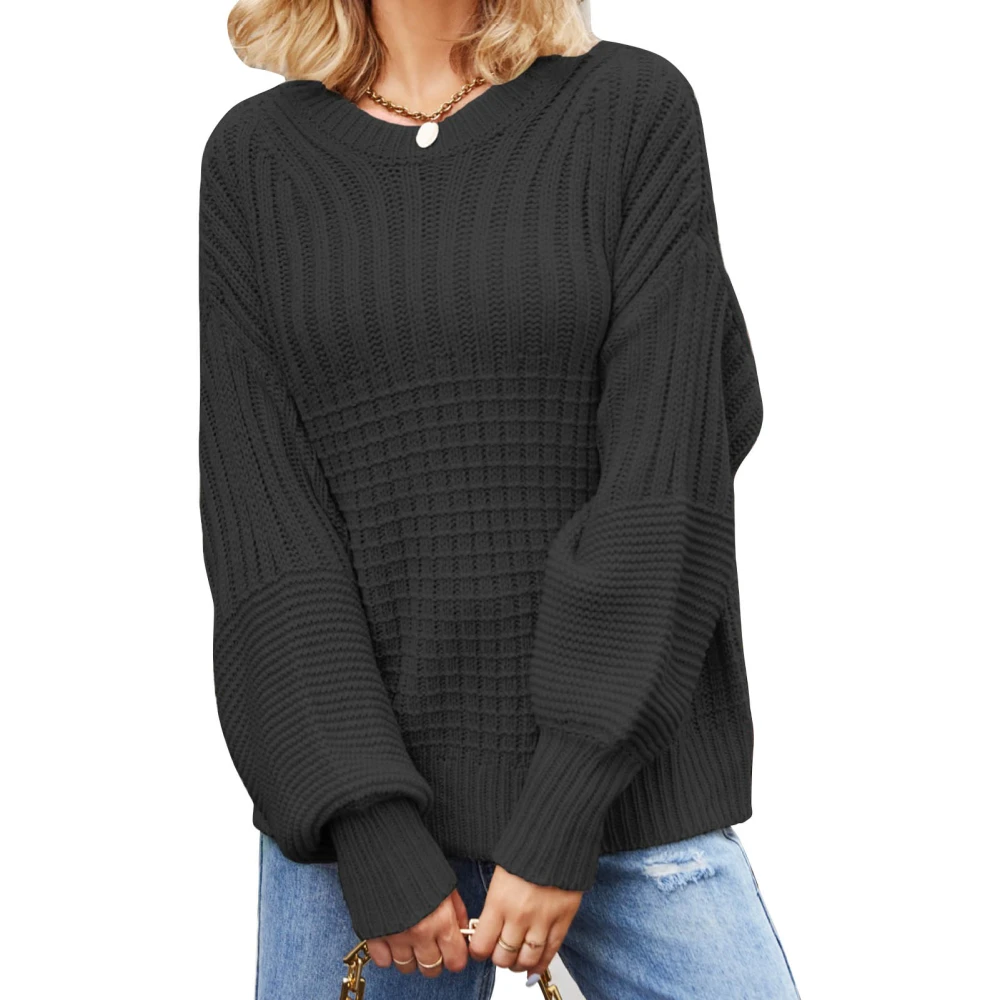 Women Long Sleeved Tops Round Neck Soft Breathable Skin Friendly Puff Lantern Long Sleeve Top for Shopping Date Black M