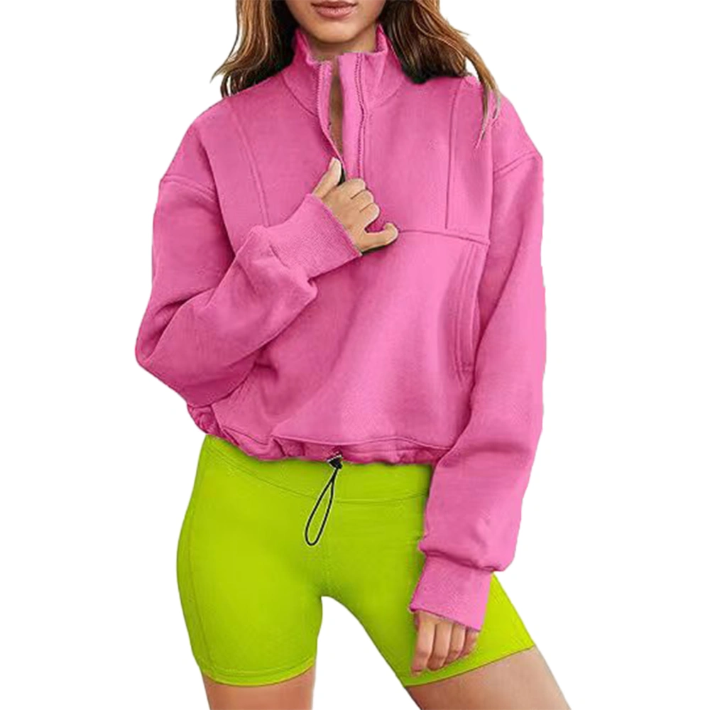 Half Zipper Hem Drawstring Pullover Drop Shoulder Plain Color Large Pocket Drawstring Pullover Pink XXL