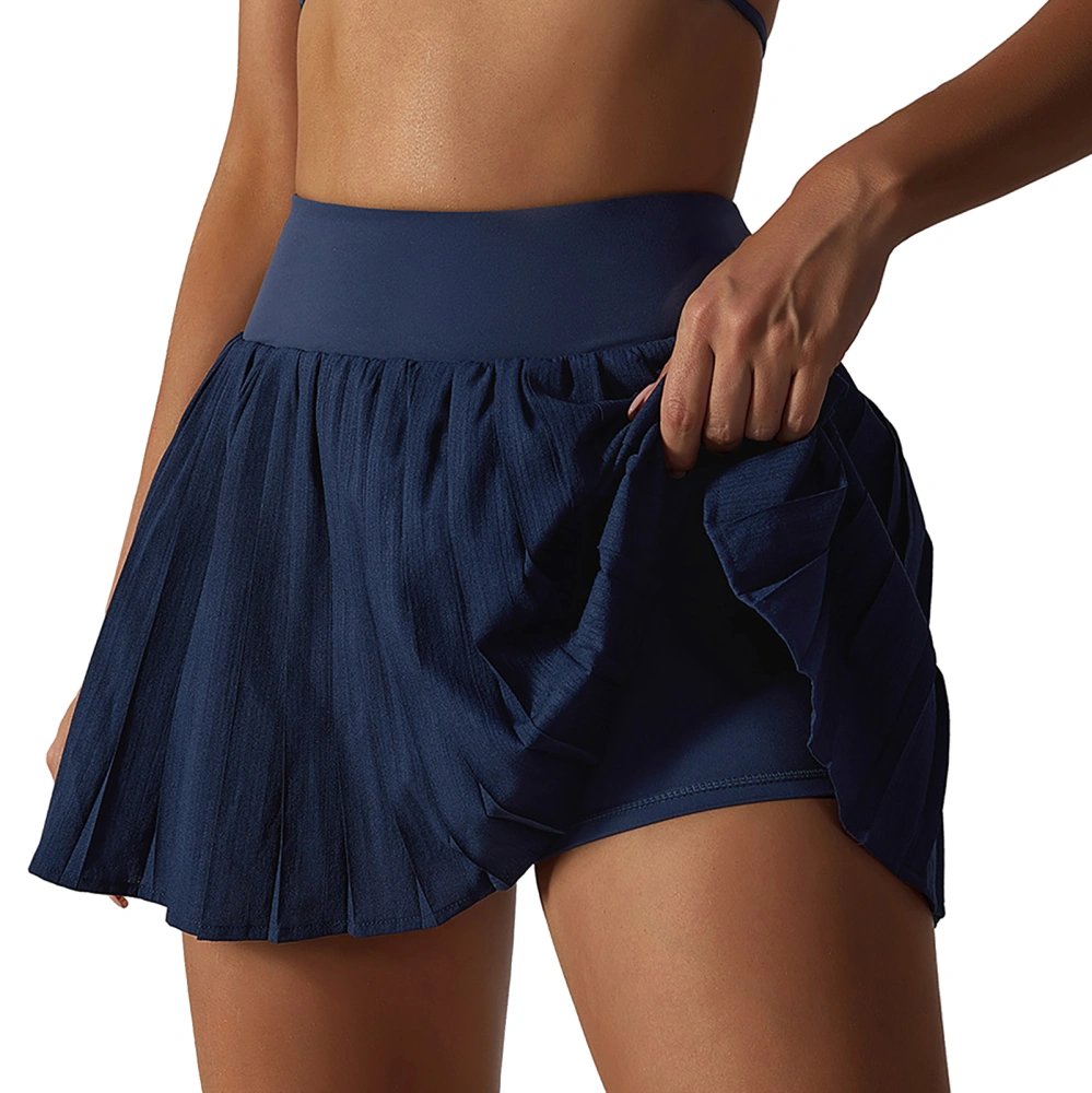 Pleated Tennis Skirt for Women High Waisted Plain Color Athletic Skorts Skirt for Running Workout Navy Blue S